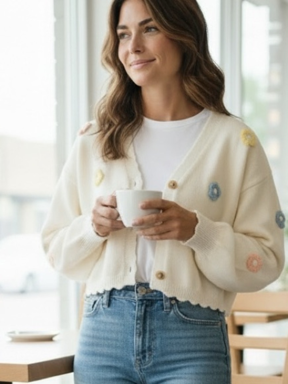 NWT Luna Ivy White Cardigan with Colorful Floral Appliqués